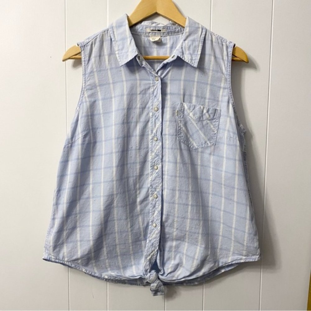 Levis Plaid Snap Sleeveless Cotton Blouse Blue White Summer Tank Boyfriend Top